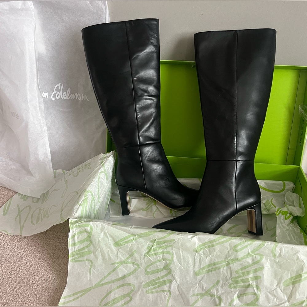 Sam Edelman 8.5 Wide Calf Black Leather Knee Boots with Block Heel